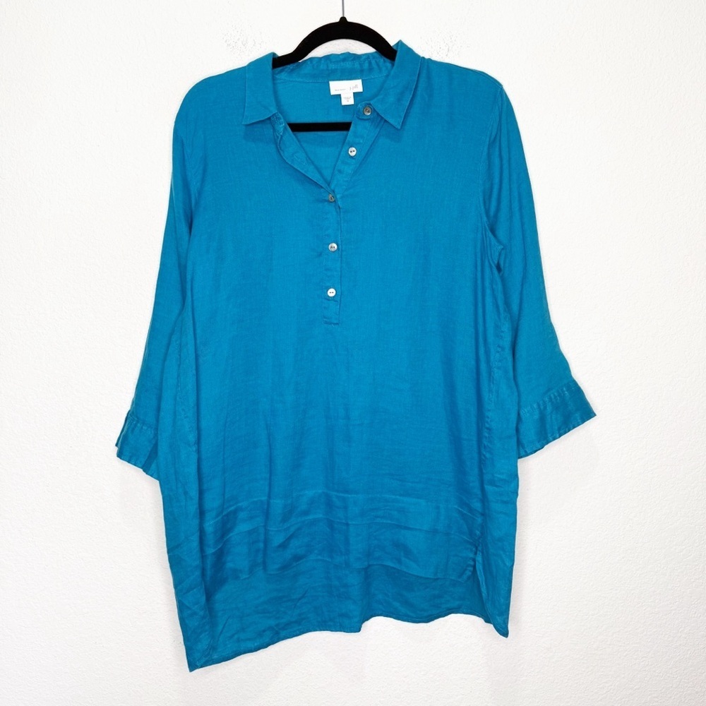 J. Jill Love Linen Tahitian Teal Popover Button Tunic Top Blouse - Picture 2 of 10